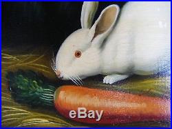 Antique oil painting black and white rabbits with carrot original on canvas