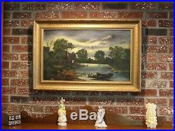 Antique original oil painting on a canvas, Landscape, framed, Signed