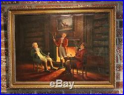 Antique signed original oil painting on canvas, Country Gentlemen at Leisure