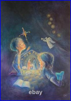Art 606 original painting OH 70x50 cm acrylic on canvas Christmas nativity scene