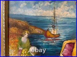 Art Original Painting on Canvas 29 X 27 Two Women in theWood Golden Frame