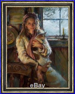 Art Original Portrait Oil Painting Impressionism Girl cat on Canvas 24x36
