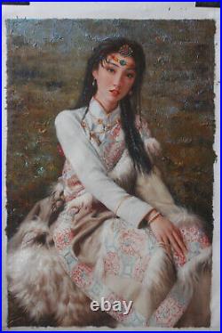 Art Tibetan lady portrait Shepherdess original oil painting on canvas 24x36