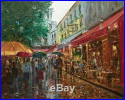 At the Cafe Original Large Oil Painting on Canvas by Dusan City Rain Wet Street