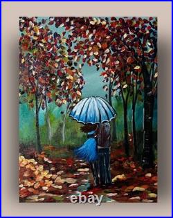 Autumn Rain Couple Walking Hand Painted Acrylic 16x20 Canvas Signed VLP Art