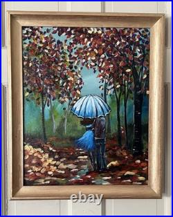 Autumn Rain Couple Walking Hand Painted Acrylic 16x20 Canvas Signed VLP Art
