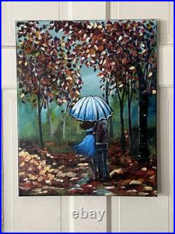 Autumn Rain Couple Walking Hand Painted Acrylic 16x20 Canvas Signed VLP Art