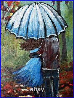 Autumn Rain Couple Walking Hand Painted Acrylic 16x20 Canvas Signed VLP Art
