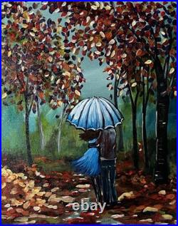 Autumn Rain Couple Walking Hand Painted Acrylic 16x20 Canvas Signed VLP Art