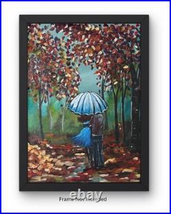 Autumn Rain Couple Walking Hand Painted Acrylic 16x20 Canvas Signed VLP Art