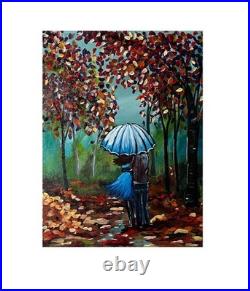 Autumn Rain Couple Walking Hand Painted Acrylic 16x20 Canvas Signed VLP Art