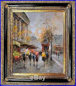 Autumn Street Scene Cityscape, Wooden Framed Painting, Original Oil On Canvas