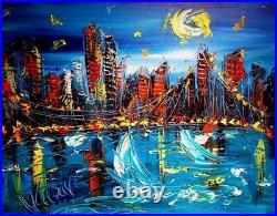 BLUE CITYSCAPE Pop Art Painting Original Oil On Canvas Gallery Artist TEAXQ
