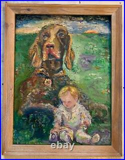 Baby's Best Friend, 21.25x27.5, Original Oil Painting, Hound, Dog, Baby, Framed