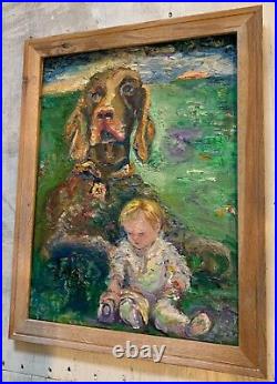 Baby's Best Friend, 21.25x27.5, Original Oil Painting, Hound, Dog, Baby, Framed