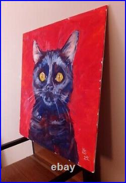 Black Cat Painting on Canvas Original Feline Portrait Impressionism Collectible