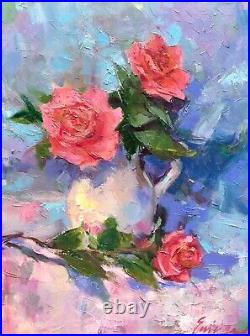 Blooming Rose Painting Original Floral Oil On Canvas Impressionist Art 18x24