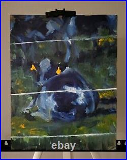 Blue Cow Painting original Animal Loose bold brush landscape Art canvas M. Kravt
