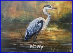 Blue Heron Marsh Painting / 12x16 Inches / Original Acrylic on Canvas