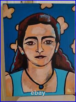 Blue Portrait of Woman Acrylic on Canvas 14x18 Original Contemporary Artwork