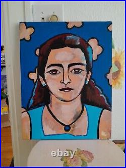 Blue Portrait of Woman Acrylic on Canvas 14x18 Original Contemporary Artwork