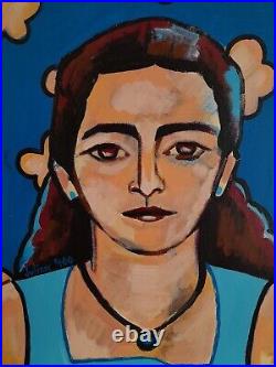 Blue Portrait of Woman Acrylic on Canvas 14x18 Original Contemporary Artwork