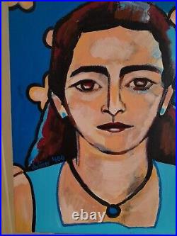 Blue Portrait of Woman Acrylic on Canvas 14x18 Original Contemporary Artwork