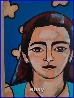 Blue Portrait of Woman Acrylic on Canvas 14x18 Original Contemporary Artwork