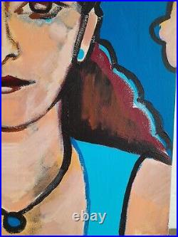 Blue Portrait of Woman Acrylic on Canvas 14x18 Original Contemporary Artwork