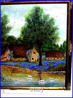 Bluebonnet Landscape Pond Swans Reflections Blooming Trees Old Oil Canv Painting