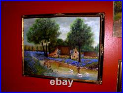 Bluebonnet Landscape Pond Swans Reflections Blooming Trees Old Oil Canv Painting