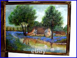 Bluebonnet Landscape Pond Swans Reflections Blooming Trees Old Oil Canv Painting