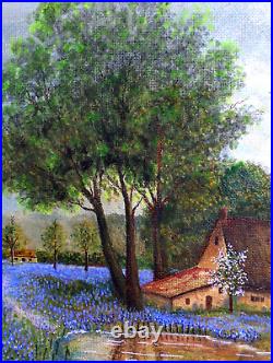 Bluebonnet Landscape Pond Swans Reflections Blooming Trees Old Oil Canv Painting