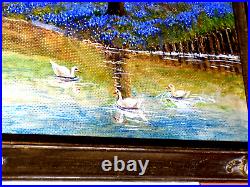 Bluebonnet Landscape Pond Swans Reflections Blooming Trees Old Oil Canv Painting