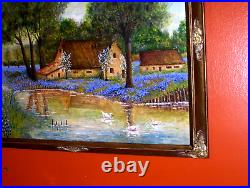 Bluebonnet Landscape Pond Swans Reflections Blooming Trees Old Oil Canv Painting