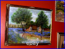 Bluebonnet Landscape Pond Swans Reflections Blooming Trees Old Oil Canv Painting