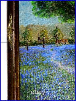 Bluebonnet Landscape Pond Swans Reflections Blooming Trees Old Oil Canv Painting