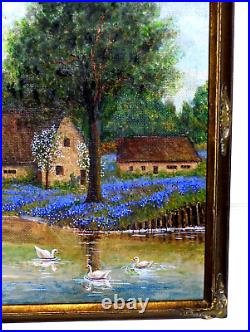 Bluebonnet Landscape Pond Swans Reflections Blooming Trees Old Oil Canv Painting