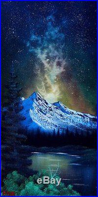 Bob Ross Style Original Oil Painting Milky Way Mountain on 24x12 Inch Canvas