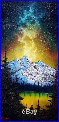Bob Ross Style Original Oil Painting Milky Way Mountain on 24x12 Inch Canvas