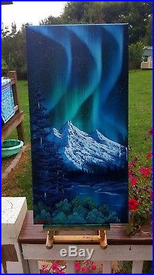Bob Ross Style Original Oil Painting Northern Lights on 24x12 Inch Canvas