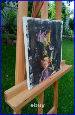 Bold Floral Art Irises, Original Oil Painting on Canvas, 14x14 in