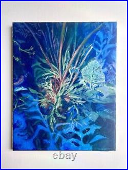 Botanical painting on canvas original art, Orchid, plant, blue, green, 7x9