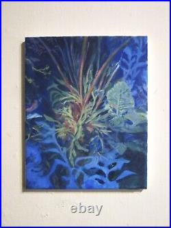 Botanical painting on canvas original art, Orchid, plant, blue, green, 7x9