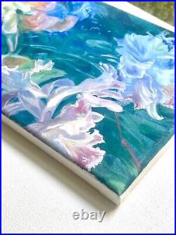 Botanical painting on canvas original art, Orchid, plant, blue, green, 7x9