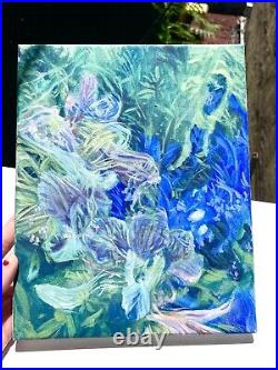 Botanical painting on canvas original art, Orchid, purple, blue, green, 7x9