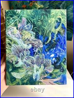 Botanical painting on canvas original art, Orchid, purple, blue, green, 7x9