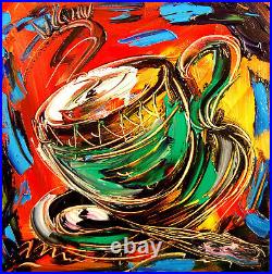 CUP TEA abstract SIGNED Original Oil Painting on canvas IMPRESSIONIST HUB9T