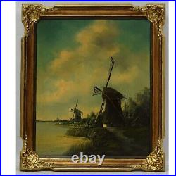 Ca. 1950 Old painting landscape with a windmill 28 x 24 in