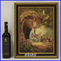 Ca. 1950 old oil painting Hermit sitting by the fire 18,9 x 15 in
